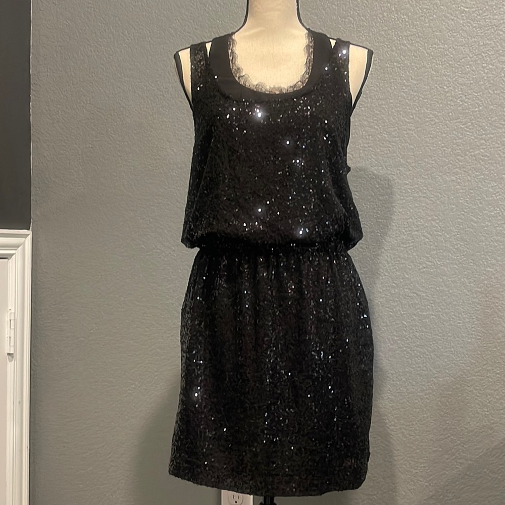 NWT Forever21 Black Sequined Dress with Sheer Lace tank lining